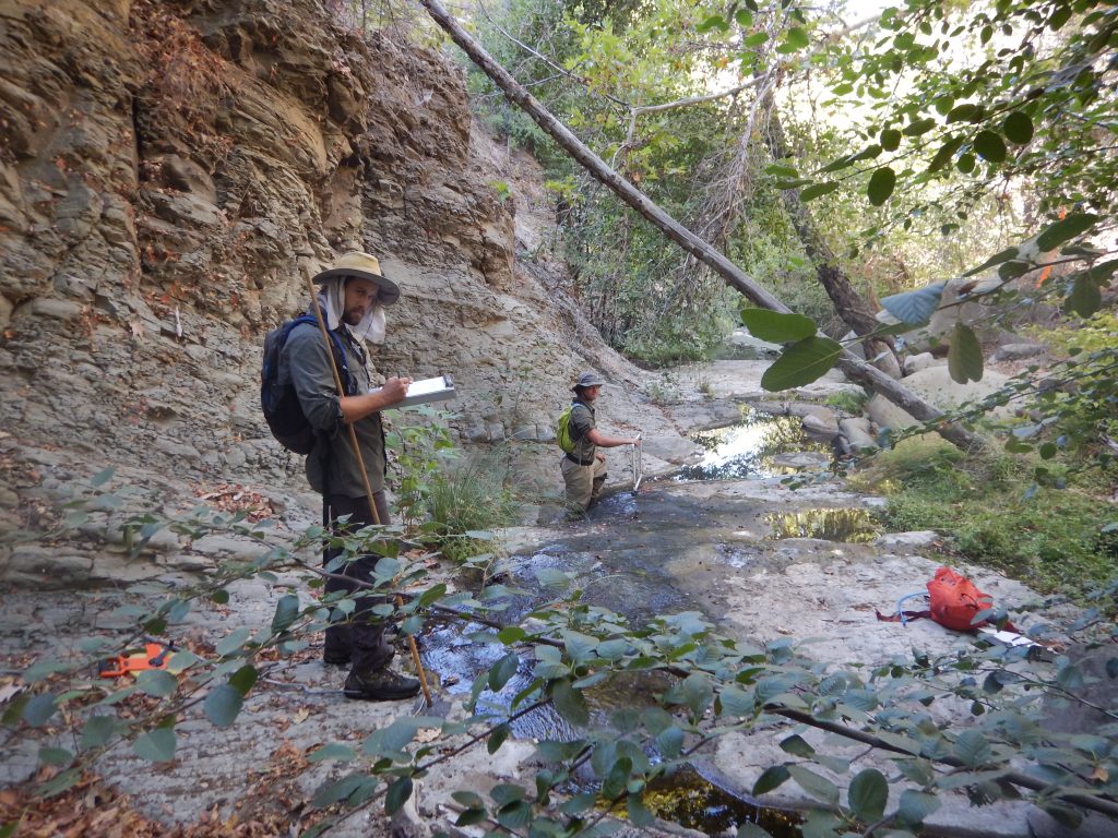The Blue Tomorrow stream survey crew collects stream data on a remote bedrock stream deep in the back county of the Los Padres National Forest.