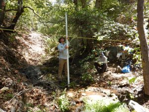 Blue Tomorrow field crew measure the cross-sectional profile of this stream channel to assess changes overtime.